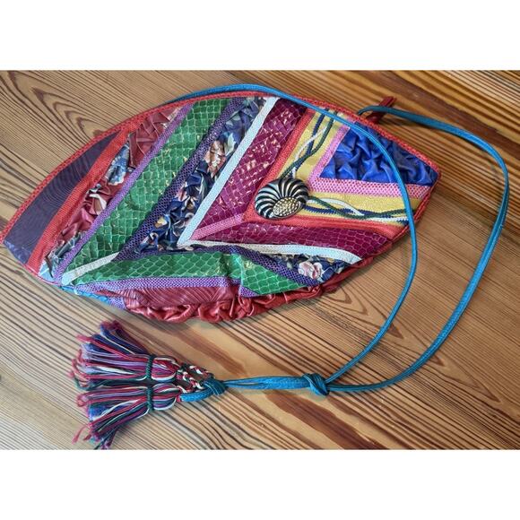 Vtg Carlo Fiori Purse Brightly Colored Snake Leather Crossbody Zip Tassles Italy
